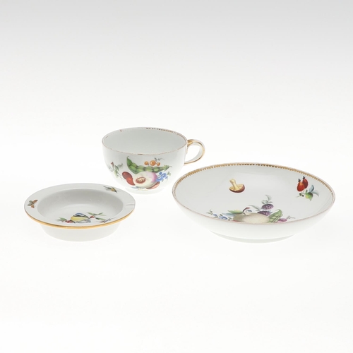 814 - MEISSEN CUP & SAUCER - FRUIT, & SMALL MEISSEN DISH. A late 19thc cup and saucer, painted with fruit,... 