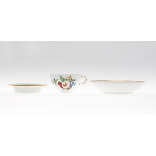 814 - MEISSEN CUP & SAUCER - FRUIT, & SMALL MEISSEN DISH. A late 19thc cup and saucer, painted with fruit,... 