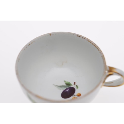 814 - MEISSEN CUP & SAUCER - FRUIT, & SMALL MEISSEN DISH. A late 19thc cup and saucer, painted with fruit,... 