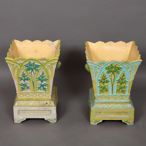 825 - PAIR OF ENGLISH MAJOLICA PLANTERS & STANDS - TAMWORTH. A large pair of stoneware majolica planters, ... 