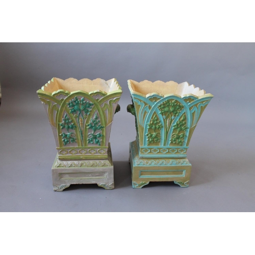 825 - PAIR OF ENGLISH MAJOLICA PLANTERS & STANDS - TAMWORTH. A large pair of stoneware majolica planters, ... 