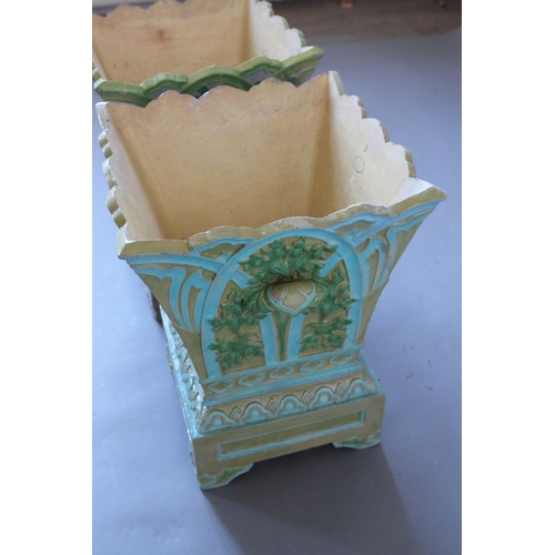 825 - PAIR OF ENGLISH MAJOLICA PLANTERS & STANDS - TAMWORTH. A large pair of stoneware majolica planters, ... 