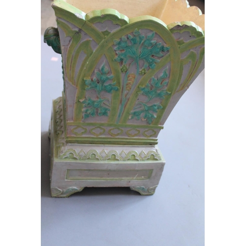 825 - PAIR OF ENGLISH MAJOLICA PLANTERS & STANDS - TAMWORTH. A large pair of stoneware majolica planters, ... 