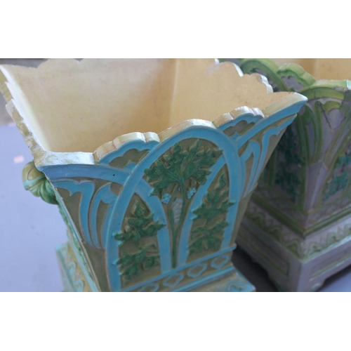 825 - PAIR OF ENGLISH MAJOLICA PLANTERS & STANDS - TAMWORTH. A large pair of stoneware majolica planters, ... 