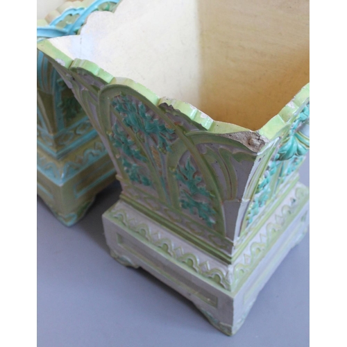 825 - PAIR OF ENGLISH MAJOLICA PLANTERS & STANDS - TAMWORTH. A large pair of stoneware majolica planters, ... 