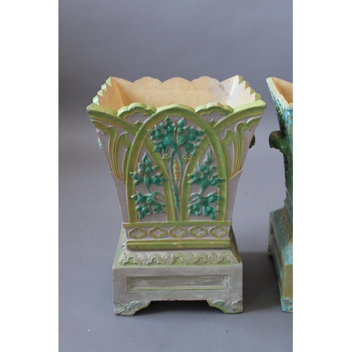 825 - PAIR OF ENGLISH MAJOLICA PLANTERS & STANDS - TAMWORTH. A large pair of stoneware majolica planters, ... 