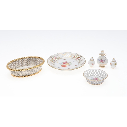 827 - COLLECTION OF MEISSEN PORCELAIN INCLUDING DISH WITH SILVER RIM. Various 20thc items, including a cir... 