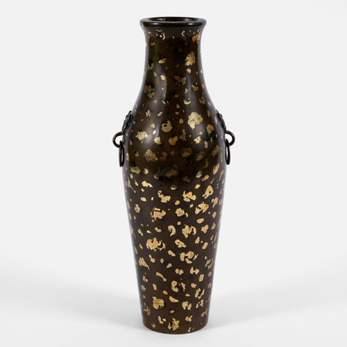 834 - CHINESE BRONZE GOLD SPLASH VASE. Probably 18thc, the large vase of slender form with mask handles su... 