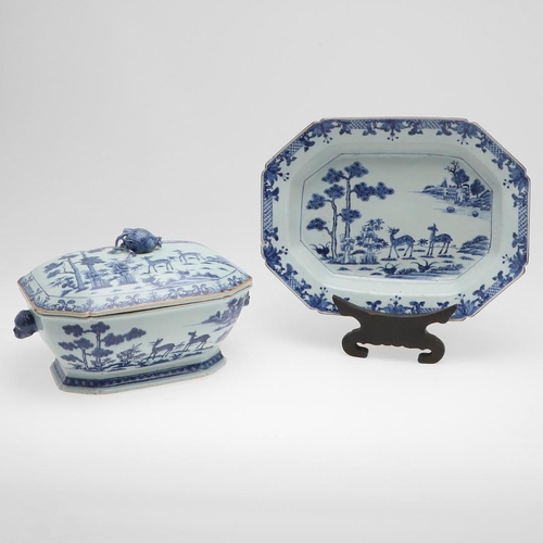 837 - 18THC CHINESE BLUE & WHITE PORCELAIN TUREEN, COVER & MATCHING DISH. Qianlong period (1736-1795), the... 