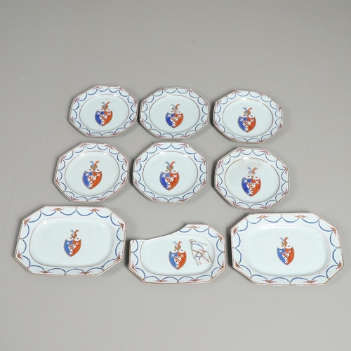 840 - CHINESE ARMORIAL PART DINNER SERVICE. Probably 18thc, each item with an armorial crest at the centre... 