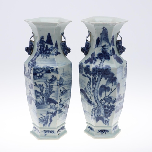 841 - PAIR OF 19THC CHINESE BLUE & WHITE VASES. A pair of 19thc vases of hexagonal shape, with applied Dog... 