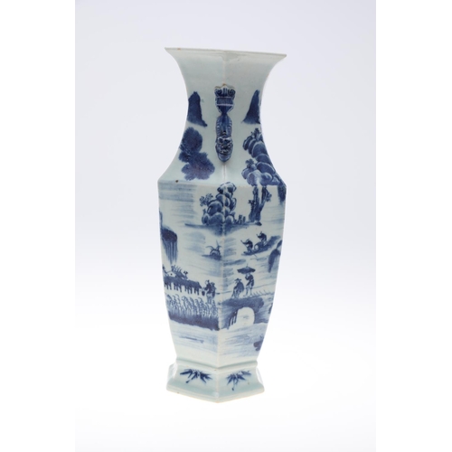 841 - PAIR OF 19THC CHINESE BLUE & WHITE VASES. A pair of 19thc vases of hexagonal shape, with applied Dog... 