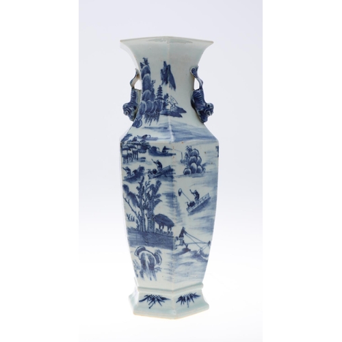 841 - PAIR OF 19THC CHINESE BLUE & WHITE VASES. A pair of 19thc vases of hexagonal shape, with applied Dog... 