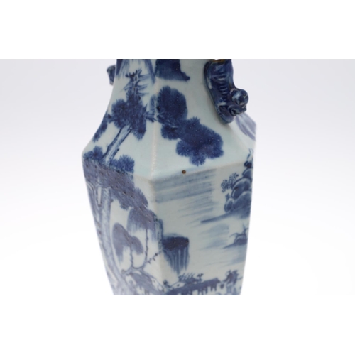 841 - PAIR OF 19THC CHINESE BLUE & WHITE VASES. A pair of 19thc vases of hexagonal shape, with applied Dog... 