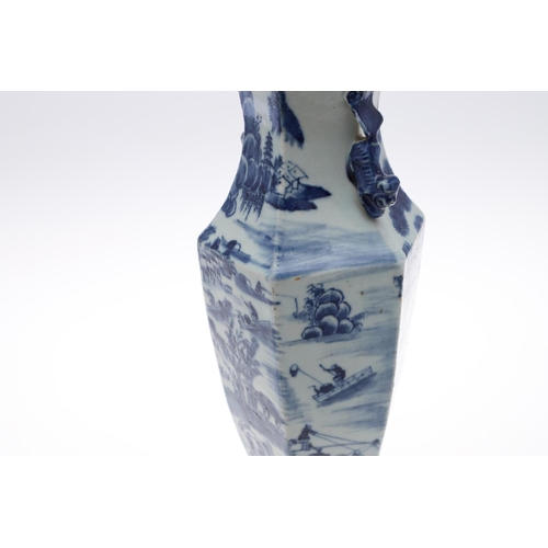 841 - PAIR OF 19THC CHINESE BLUE & WHITE VASES. A pair of 19thc vases of hexagonal shape, with applied Dog... 