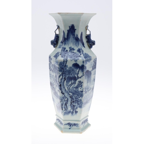 841 - PAIR OF 19THC CHINESE BLUE & WHITE VASES. A pair of 19thc vases of hexagonal shape, with applied Dog... 