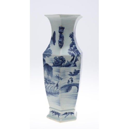 841 - PAIR OF 19THC CHINESE BLUE & WHITE VASES. A pair of 19thc vases of hexagonal shape, with applied Dog... 