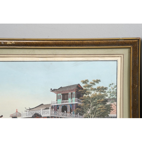 845 - PAIR OF 19THC FRAMED CHINESE PAINTINGS OF CANTON - FRENCH RETAIL LABELS, 'A TEISSEIRE PARIS'(2). A p... 