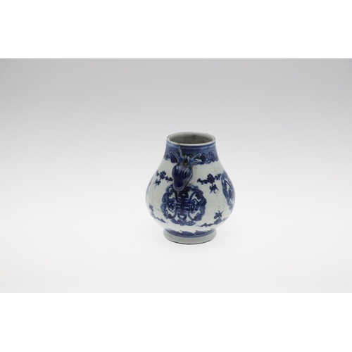 847 - 19THC CHINESE BLUE & WHITE PORCELAIN VASE. Late 19thc, the small vase with animal head masks to each... 