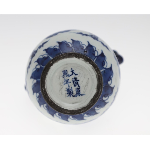 847 - 19THC CHINESE BLUE & WHITE PORCELAIN VASE. Late 19thc, the small vase with animal head masks to each... 