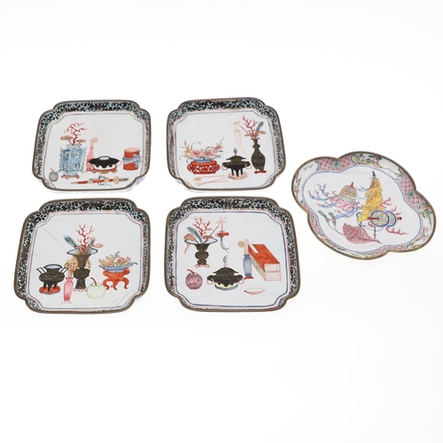 858 - SET OF CHINESE CANTON ENAMEL DISHES & LOBBED DISH. A set of four square dishes, each painted with va... 