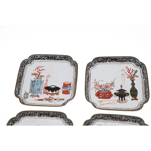 858 - SET OF CHINESE CANTON ENAMEL DISHES & LOBBED DISH. A set of four square dishes, each painted with va... 