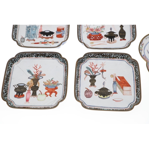 858 - SET OF CHINESE CANTON ENAMEL DISHES & LOBBED DISH. A set of four square dishes, each painted with va... 