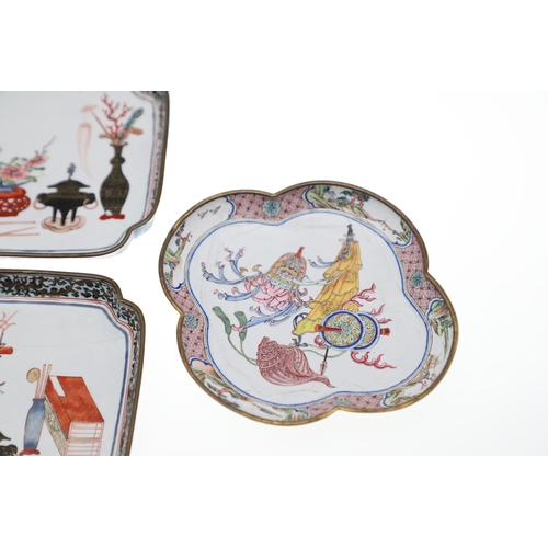 858 - SET OF CHINESE CANTON ENAMEL DISHES & LOBBED DISH. A set of four square dishes, each painted with va... 