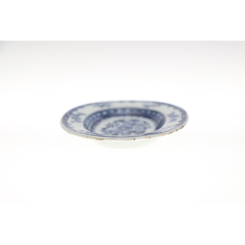 859 - CHINESE MINIATURE BLUE & WHITE TUREEN & DISH. A miniature tureen with oval shaped lid with fruit sha... 