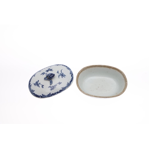 859 - CHINESE MINIATURE BLUE & WHITE TUREEN & DISH. A miniature tureen with oval shaped lid with fruit sha... 