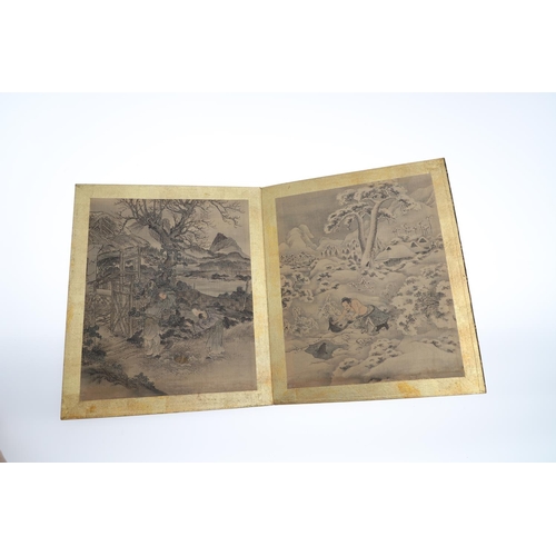 866 - CHINESE 19THC ALBUM OF PAINTINGS. A fabric covered album with 13 various hand painted scenes includi... 