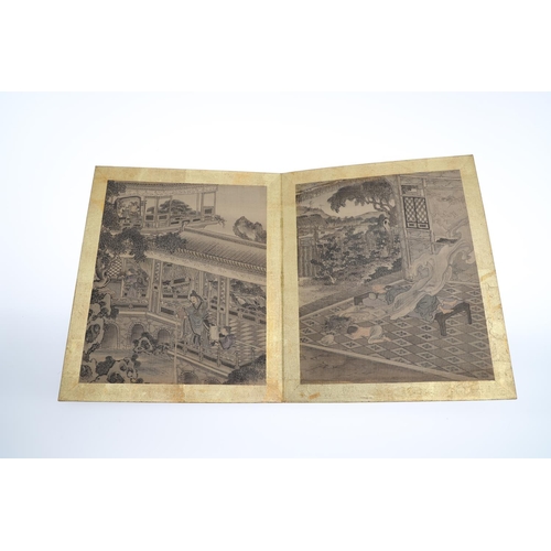 866 - CHINESE 19THC ALBUM OF PAINTINGS. A fabric covered album with 13 various hand painted scenes includi... 