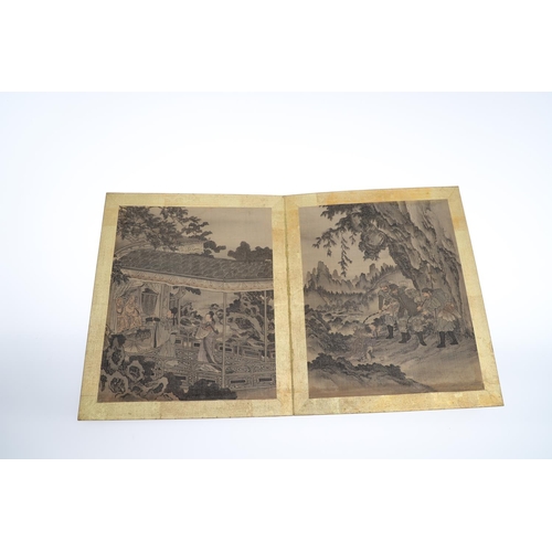 866 - CHINESE 19THC ALBUM OF PAINTINGS. A fabric covered album with 13 various hand painted scenes includi... 