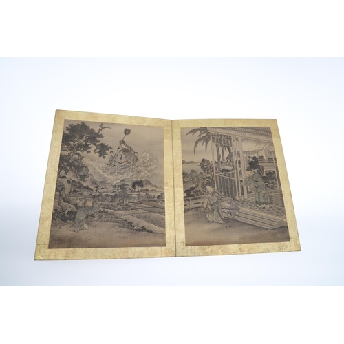 866 - CHINESE 19THC ALBUM OF PAINTINGS. A fabric covered album with 13 various hand painted scenes includi... 