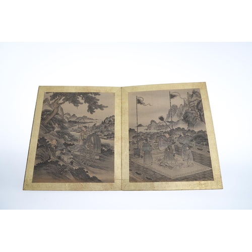 866 - CHINESE 19THC ALBUM OF PAINTINGS. A fabric covered album with 13 various hand painted scenes includi... 