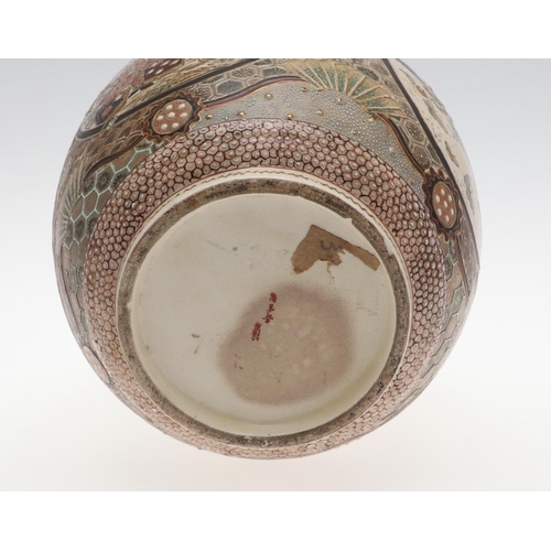 871 - JAPANESE SATSUMA LIDDED JAR. A late 19thc lidded jar of ovoid form, with alternating panels of figur... 