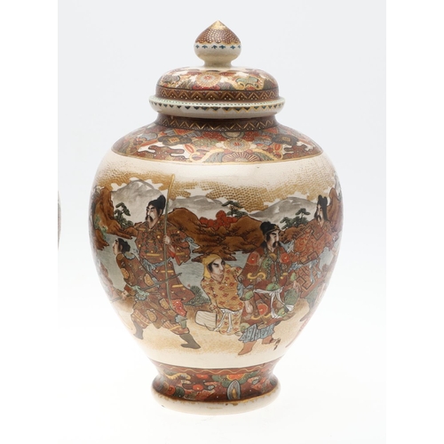 877 - PAIR OF LARGE JAPANESE SATSUMA LIDDED JARS - HODODA. Meiji period, a large pair of large lidded jars... 