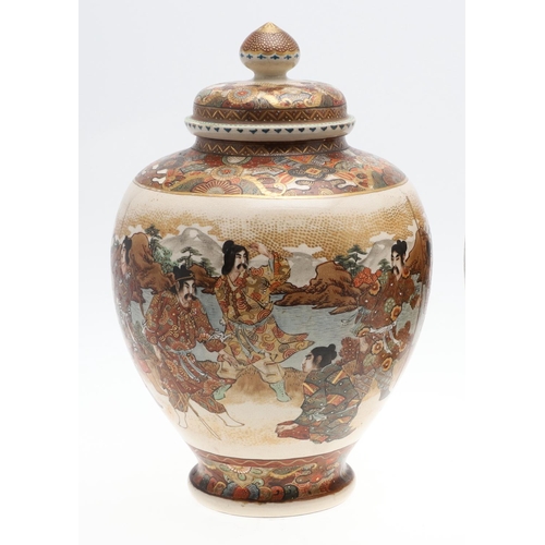 877 - PAIR OF LARGE JAPANESE SATSUMA LIDDED JARS - HODODA. Meiji period, a large pair of large lidded jars... 