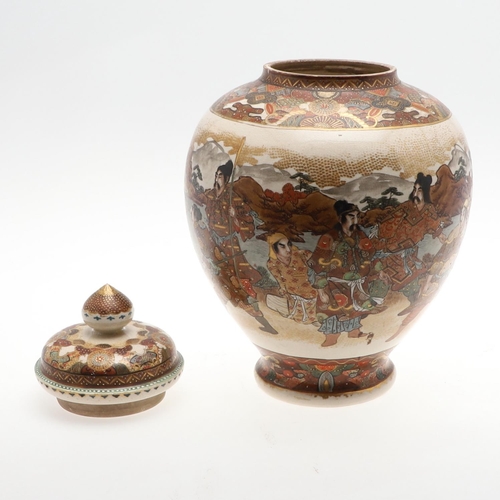 877 - PAIR OF LARGE JAPANESE SATSUMA LIDDED JARS - HODODA. Meiji period, a large pair of large lidded jars... 