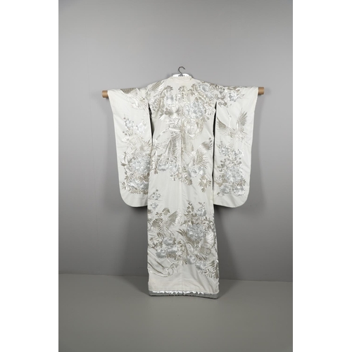 879 - WHITE SILK JAPANESE KIMONO WITH SILVER LINING, KIMONO JACKET & OTHER ITEMS. A 20thc large white silk... 