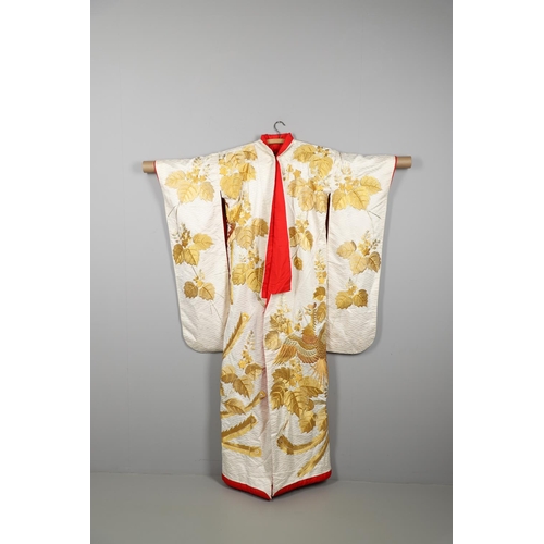 880 - JAPANESE CREAM SILK EMBROIDERED KIMONO, & ANOTHER SILK EMBROIDERED KIMONO. A 20thc large cream silk ... 