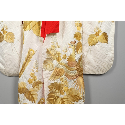 880 - JAPANESE CREAM SILK EMBROIDERED KIMONO, & ANOTHER SILK EMBROIDERED KIMONO. A 20thc large cream silk ... 