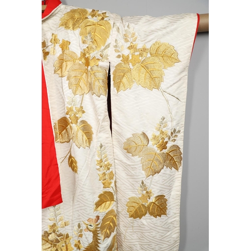 880 - JAPANESE CREAM SILK EMBROIDERED KIMONO, & ANOTHER SILK EMBROIDERED KIMONO. A 20thc large cream silk ... 