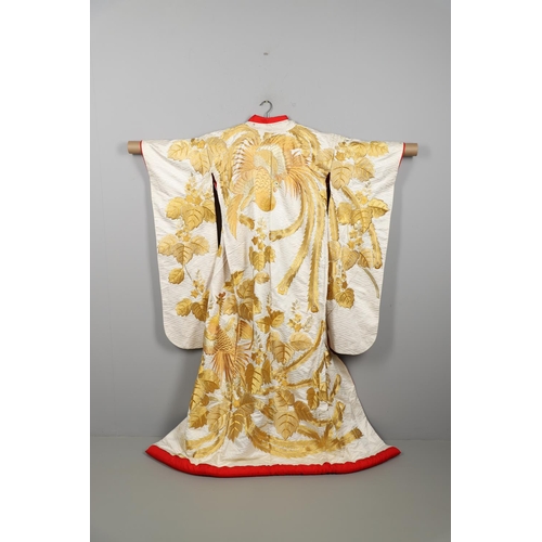 880 - JAPANESE CREAM SILK EMBROIDERED KIMONO, & ANOTHER SILK EMBROIDERED KIMONO. A 20thc large cream silk ... 