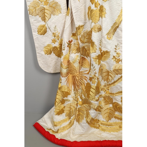 880 - JAPANESE CREAM SILK EMBROIDERED KIMONO, & ANOTHER SILK EMBROIDERED KIMONO. A 20thc large cream silk ... 