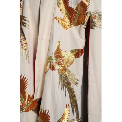 880 - JAPANESE CREAM SILK EMBROIDERED KIMONO, & ANOTHER SILK EMBROIDERED KIMONO. A 20thc large cream silk ... 