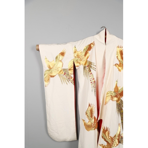 880 - JAPANESE CREAM SILK EMBROIDERED KIMONO, & ANOTHER SILK EMBROIDERED KIMONO. A 20thc large cream silk ... 