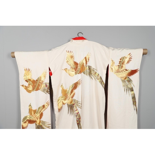 880 - JAPANESE CREAM SILK EMBROIDERED KIMONO, & ANOTHER SILK EMBROIDERED KIMONO. A 20thc large cream silk ... 