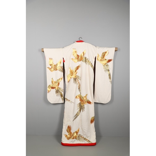 880 - JAPANESE CREAM SILK EMBROIDERED KIMONO, & ANOTHER SILK EMBROIDERED KIMONO. A 20thc large cream silk ... 