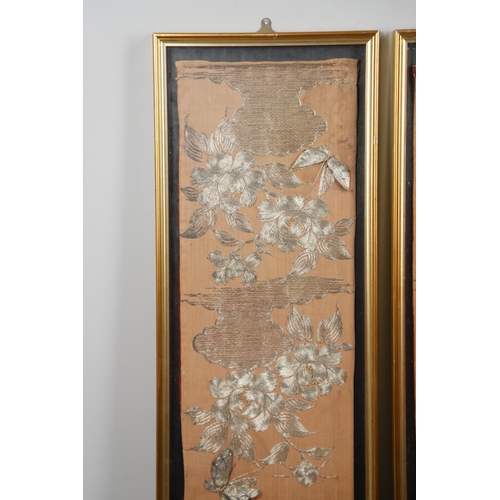 882 - LARGE FRAMED JAPANESE EMBROIDERED PANELS. Possibly taken from a large Kimono, with a raised design a... 